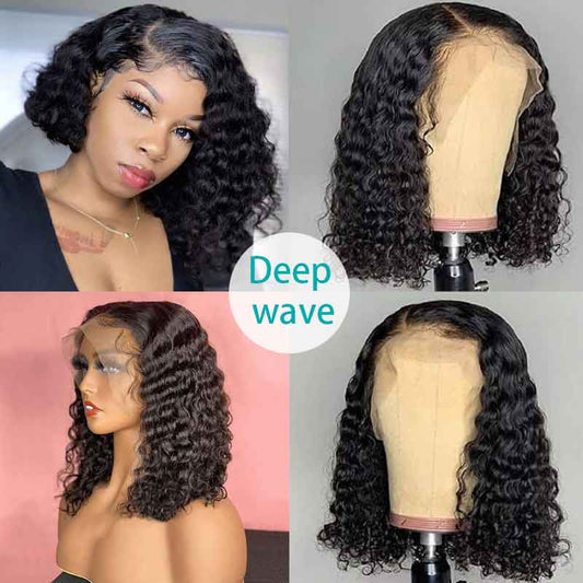Deep Wave Bob Wig Blunt Cut Lace Front Wig 10A Human Hair Natural Color