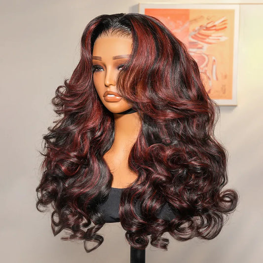 Cherry Red Highlight Layered Cut Body Wave Wig 13x6 Full Pre-Everything Wig Burgundy Highlight