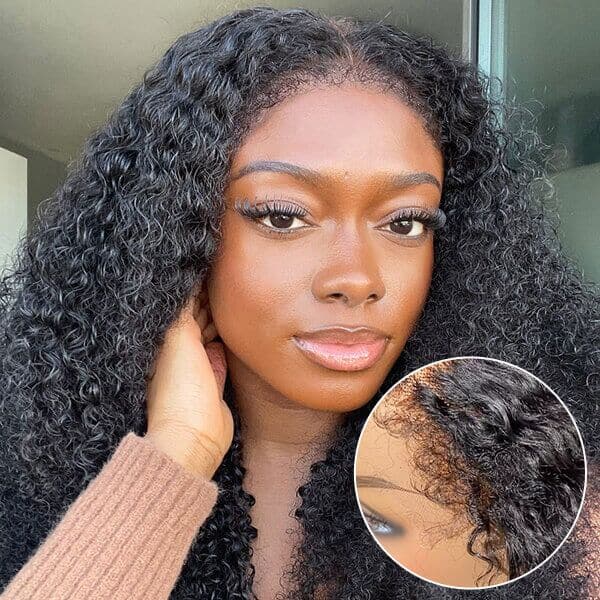 Kinky Curly 4C Edges Invisi Strap Laid Flat 360 Transparent Lace Wig Pre Bleached Knots with Curly Baby Hair All Around