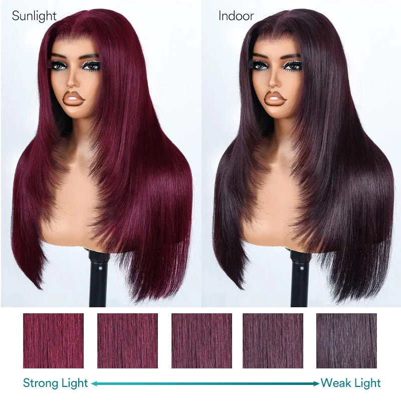 Dark Plum Color Straight Glueless Invisi Strap 360 Lace Frontal Wigs Tight & Neat Pre-Cut layered Optional