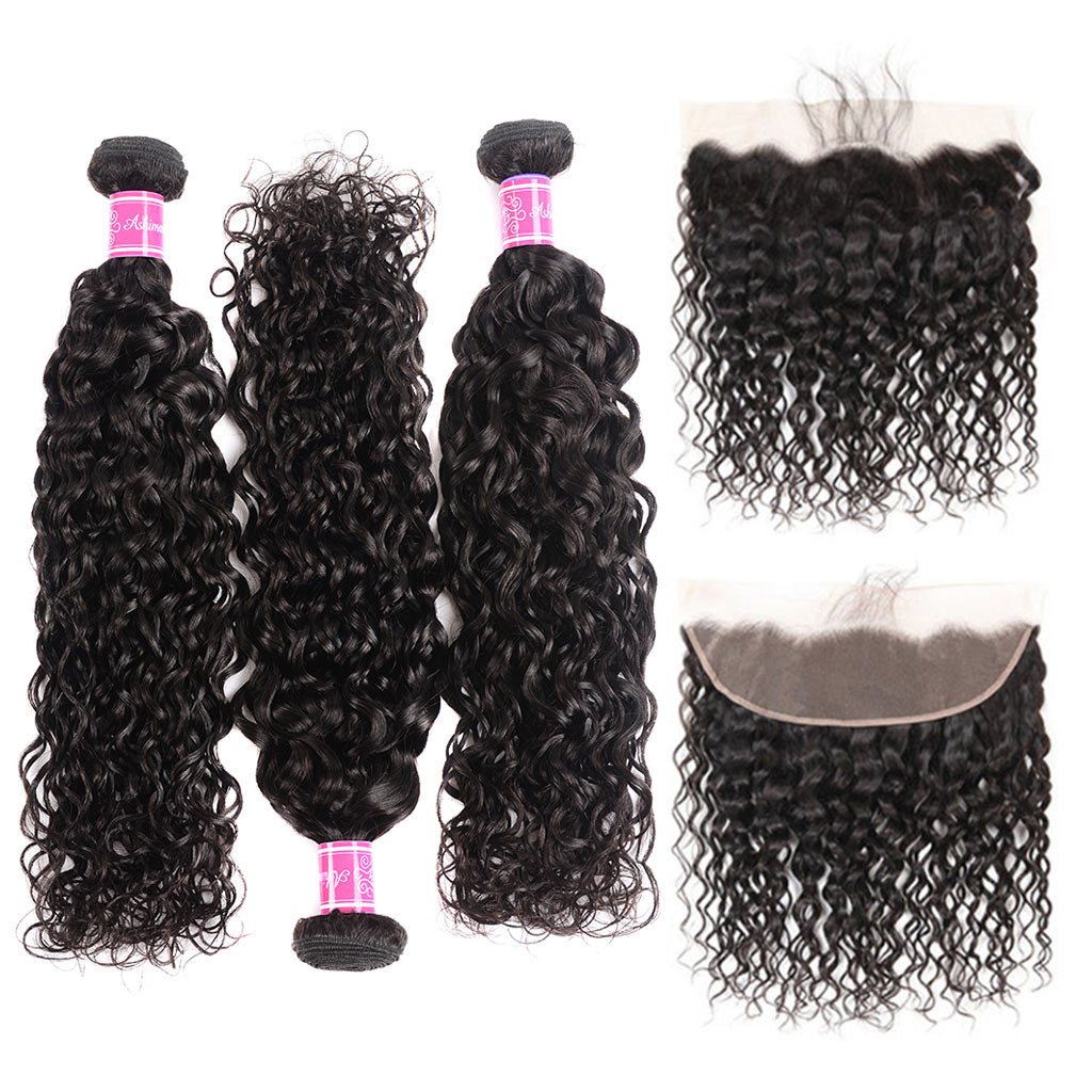 9A Grade Water Wave 3 Bundles With Frontal Indian Virgin Hair