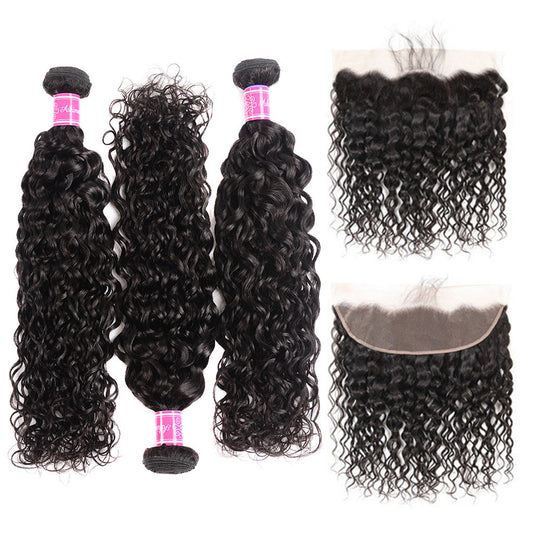 9A Grade Water Wave 3 Bundles With Frontal Indian Virgin Hair