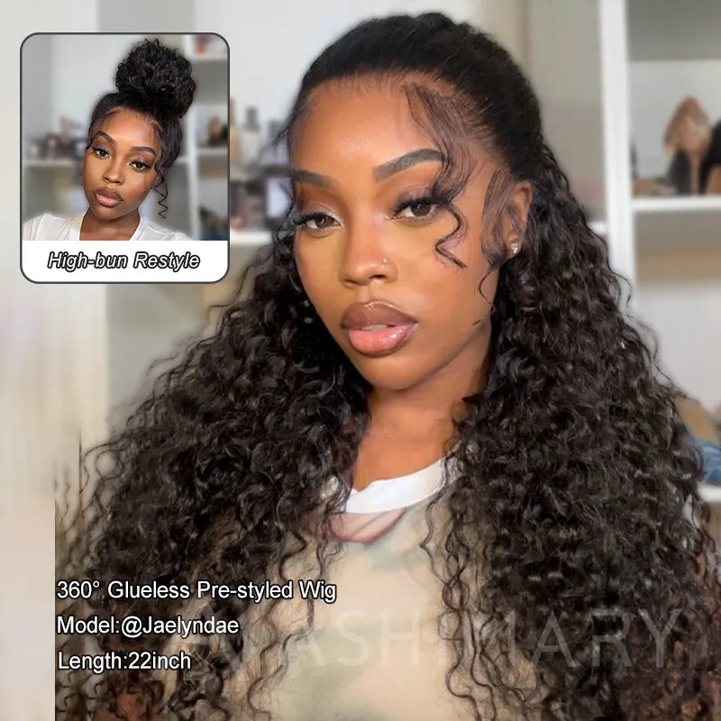 Pre-Styled Water Wave Ponytail with Spiral Curls Invisi Strap Snug Fit 360 Skin Lace Frontal Bleached Knots Glueless Wig