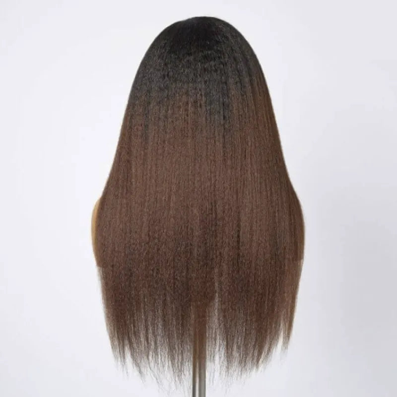 Black Brown Ombre Kinky Straight Half Wig With Drawstring Glueless Wear Go 3 in 1 Wig Human Hair