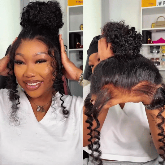 Pre-Styled Water Wave Ponytail with Spiral Curls Invisi Strap Snug Fit 360 Skin Lace Frontal Bleached Knots Glueless Wig