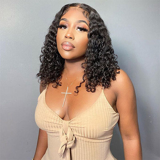 Bohemian Curly Wear And Go Water Wave HD Transparent Lace Closure Bob Wig With Pre-cut lace  & Bleached Knots