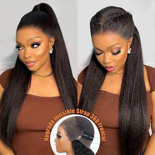 Light Yaki Straight Invisi Strap Snug Fit 360 Transparent Lace Frontal Bleached Knots Pre Cut Lace Wig Natural Color